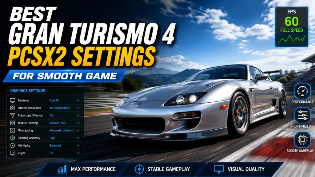 Gran Turismo 4 PCSX2 settings image showing a racing car, graphics settings, 60 FPS, performance tuning, and smooth gameplay setup.