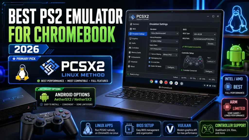 Best PS2 emulator for Chromebook image showing PCSX2 through Linux, Android emulator options, BIOS setup, Vulkan, and controller support.