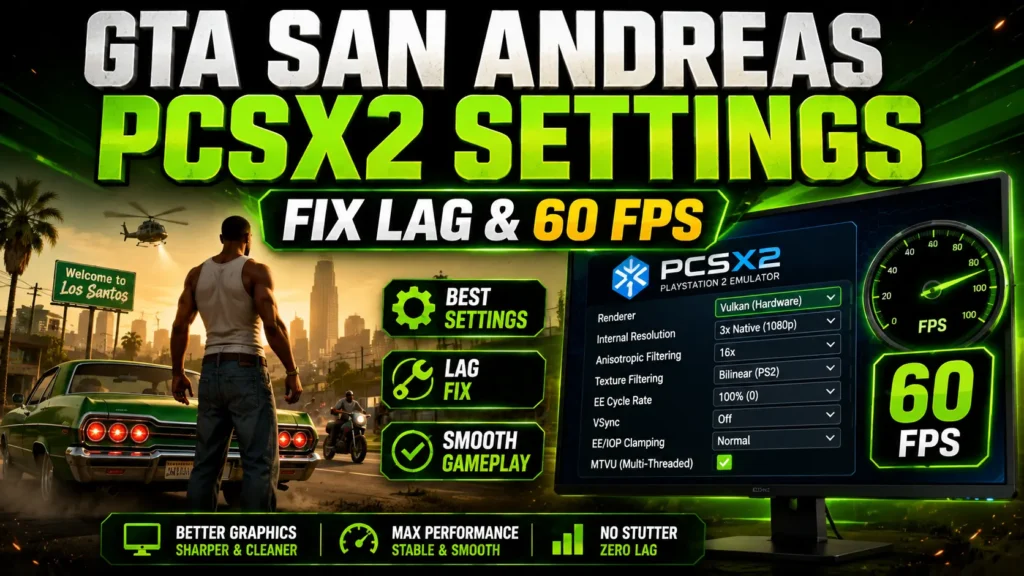 GTA San Andreas PCSX2 settings image showing lag fix, 60 FPS, Vulkan renderer, smooth gameplay, and better graphics settings for PCSX2.