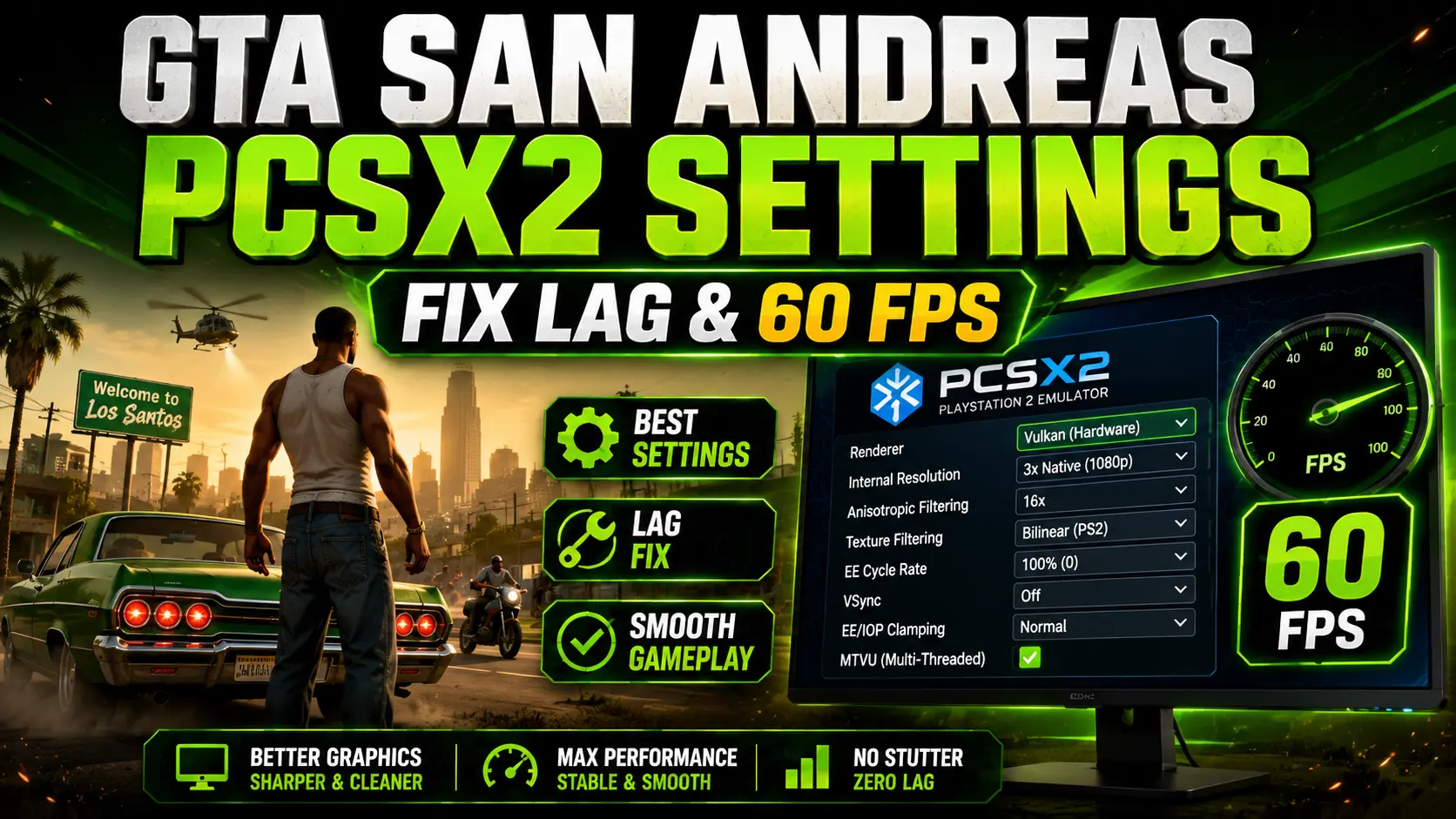 Best GTA San Andreas PCSX2 Settings for Lag Fix and 60 FPS