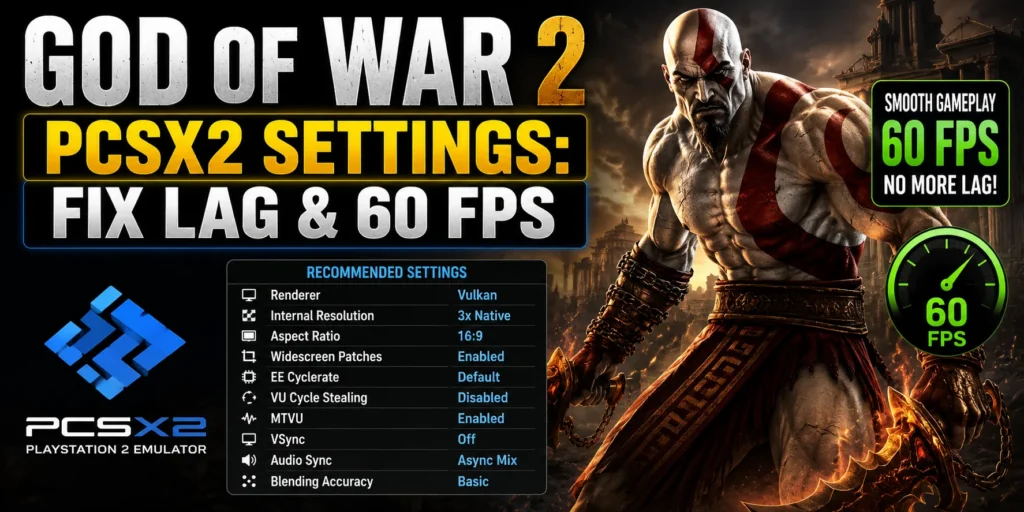 God of War 2 running on PCSX2 emulator with optimized settings for lag fix and stable 60 FPS gameplay