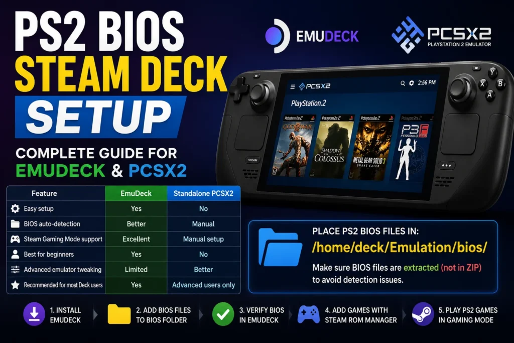 Steam Deck PS2 BIOS setup guide showing EmuDeck, PCSX2, BIOS folder path, and PS2 games running in Gaming Mode