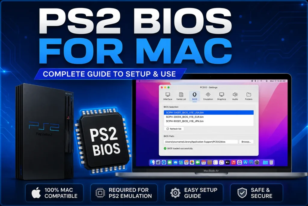 PS2 BIOS setup on MacBook using PCSX2 emulator with PlayStation 2 console and BIOS configuration screen
