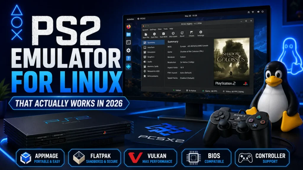 PS2 emulator for Linux image showing PCSX2 running on a Linux desktop with AppImage, Flatpak, Vulkan, BIOS, and controller support.