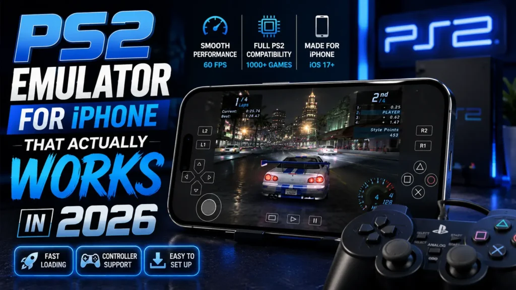 A gaming thumbnail showing an iPhone running a PS2 emulator with on-screen controls, a PS2-style controller, and bold text saying PS2 Emulator for iPhone That Actually Works in 2026.