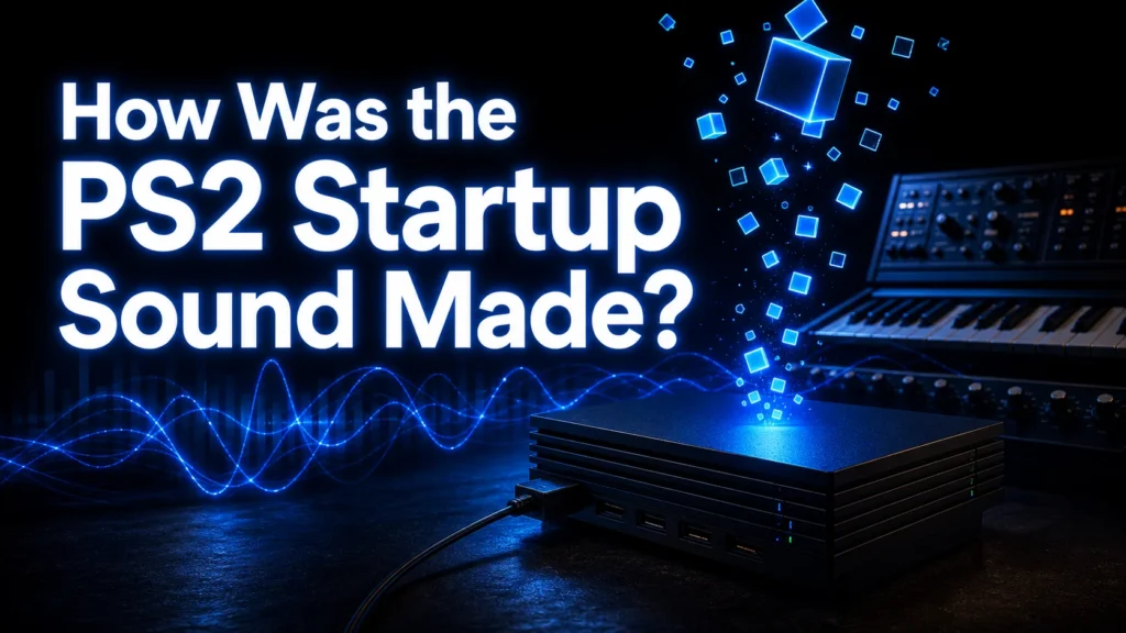 A PS2-style console with blue sound waves, floating startup blocks, and the title How Was the PS2 Startup Sound Made.