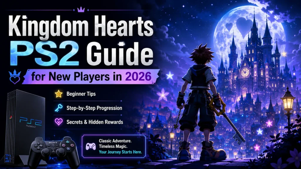Featured image for Kingdom Hearts PS2 Guide for New Players in 2026 showing a fantasy castle, a young hero with a key-shaped weapon, and a PS2 console with beginner guide highlights.