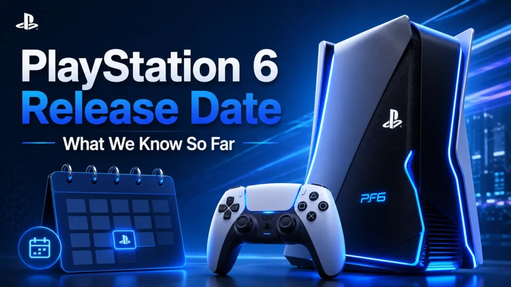 PlayStation 6 release date image showing a futuristic PS6 console concept, controller, calendar icon, and blue gaming background for latest update article.