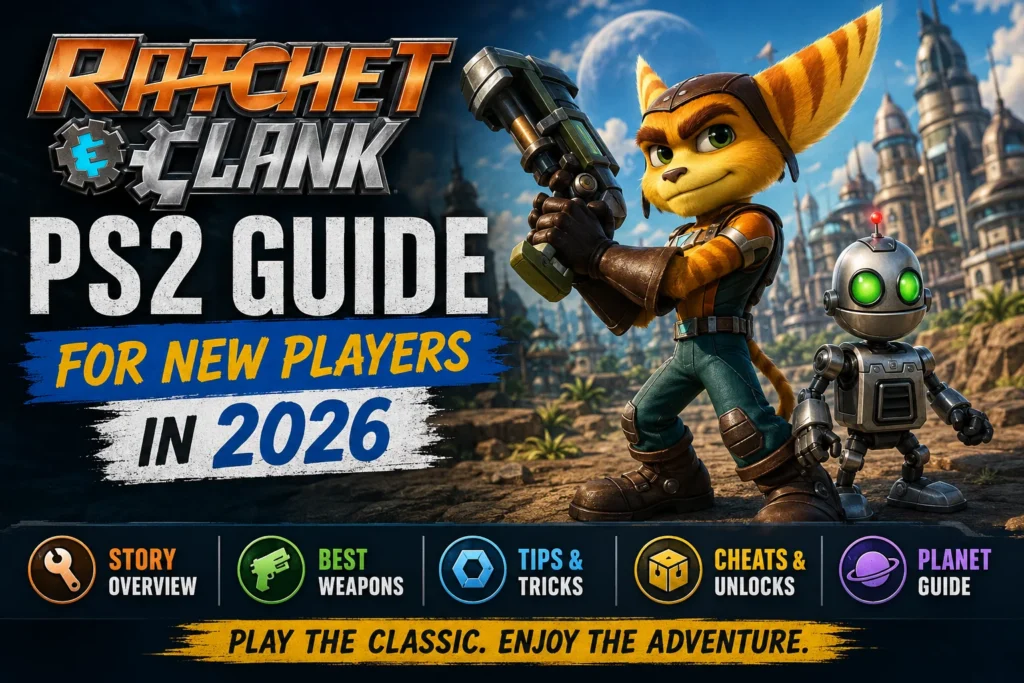 Ratchet and Clank PS2 guide image showing Ratchet, Clank, weapons, story overview, cheats, unlocks, planet guide, and beginner tips for new players.