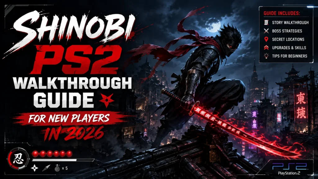 Shinobi PS2 walkthrough guide image showing a dark ninja with a glowing red sword, neon city background, and beginner guide highlights for story, bosses, secrets, upgrades, and tips.
