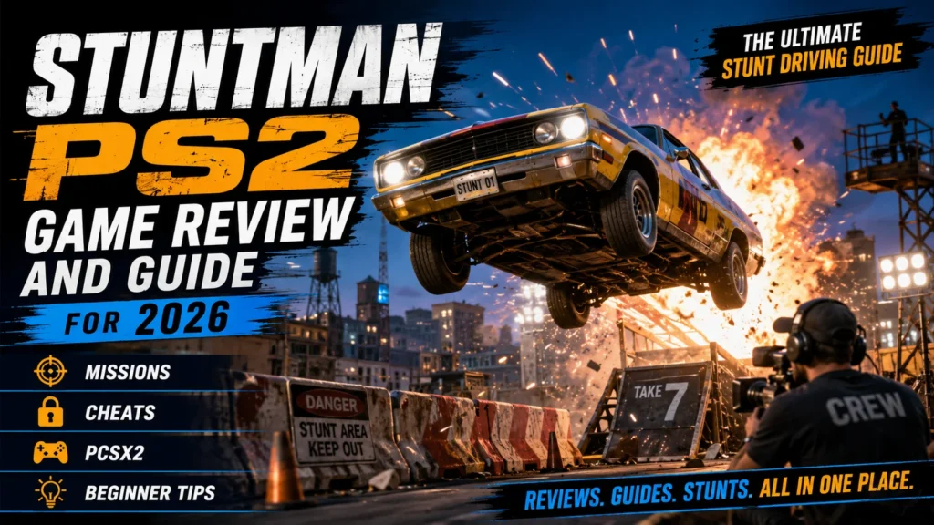 Stuntman PS2 game review and guide image showing a stunt car jump, explosion, film crew, missions, cheats, PCSX2, and beginner tips.