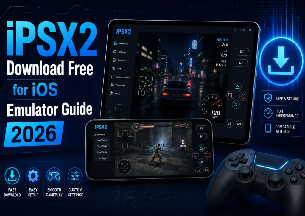 iPSX2 download free for iOS emulator guide image showing iPhone, iPad, PS2 style gameplay screens, controller, download icon, and blue gaming setup.