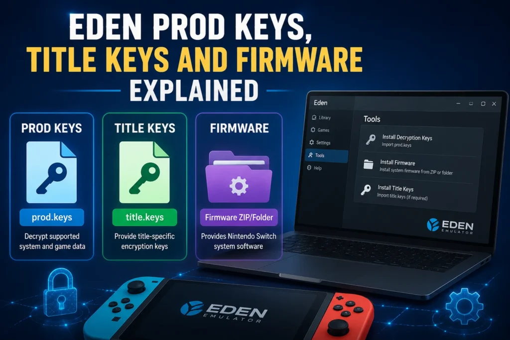 Eden Prod Keys guide showing prod.keys, title.keys, firmware, decryption keys installation, and Eden emulator setup