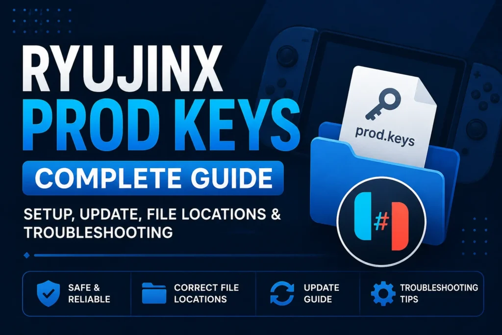 Ryujinx Prod Keys setup guide showing prod.keys, firmware, file locations, updates and troubleshooting for Nintendo Switch emulation