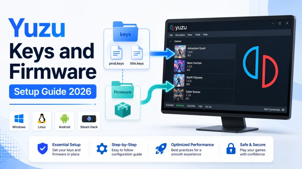 Yuzu Keys and firmware setup guide showing prod.keys, title.keys, firmware, and Yuzu support for Windows, Linux, Android, and Steam Deck
